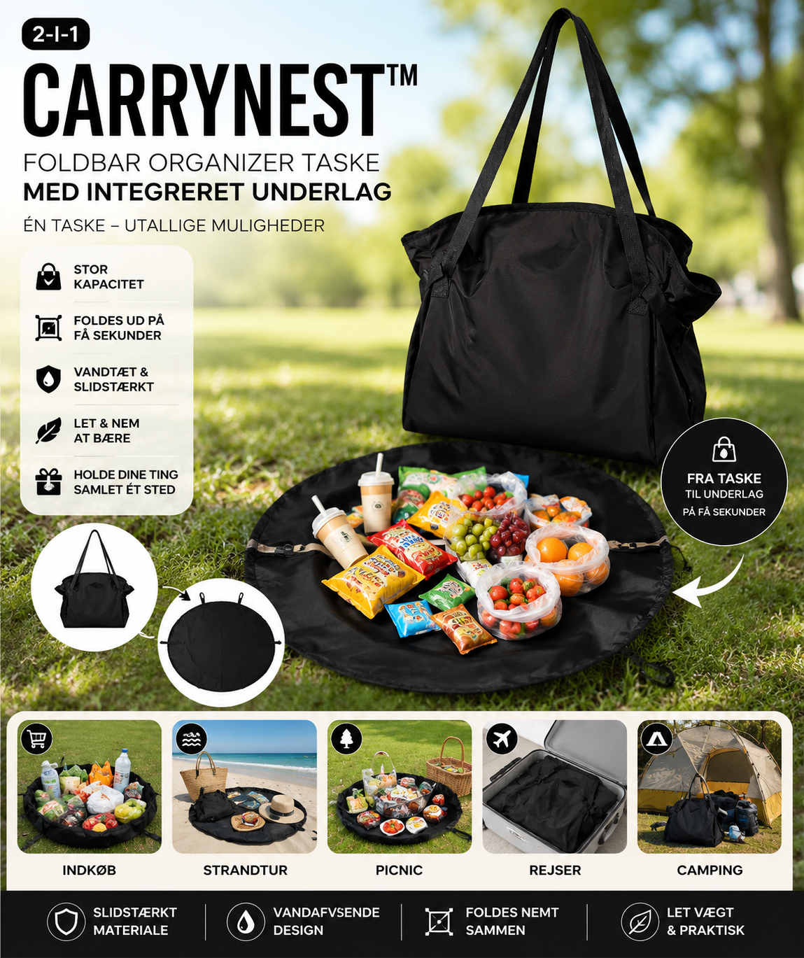 CarryNest™ | Foldbar 2-i-1 Organizer Taske med Integreret Underlag