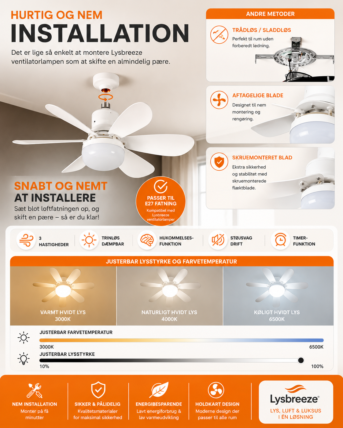 LysBreeze™ | Elegant lys og kølende luft i én smart loftlampe.