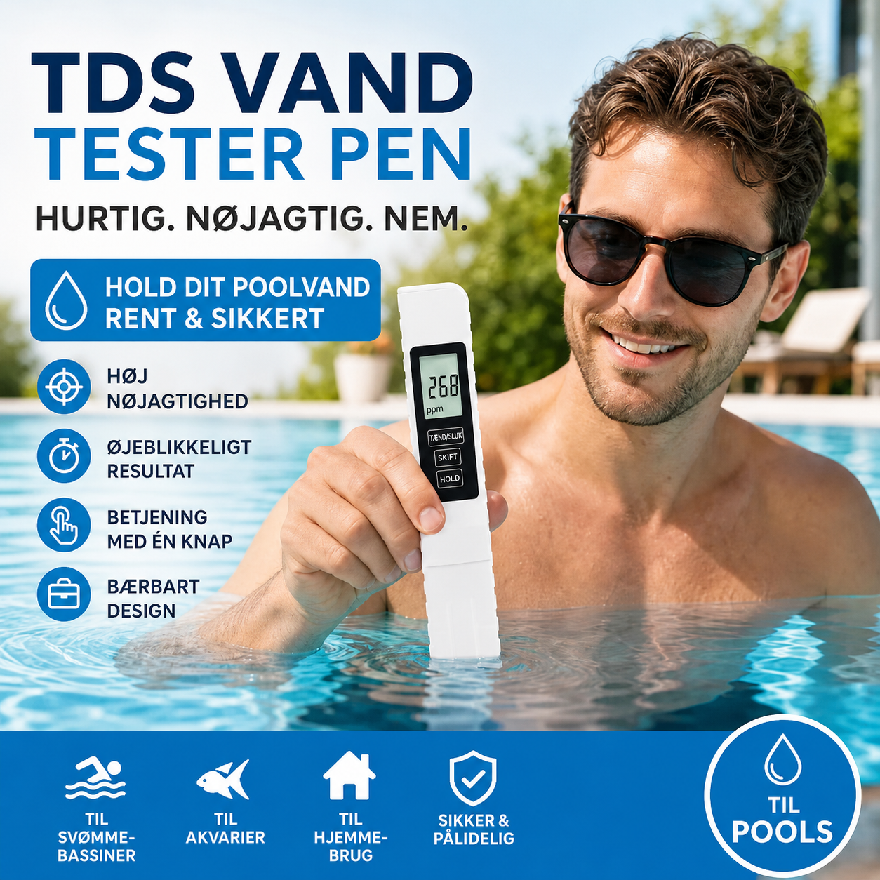 💧3-i-1 TDS Vandkvalitetstester🌊Måler pH, Klor og Hårdhed med LCD-display til Pool og Akvarium📱