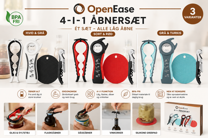 OpenEase™ 4-i-1 Lågåbnersæt – Åbn Glas, Flasker og Dåser Uden Besvær