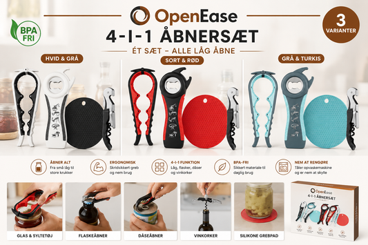 OpenEase™ 4-i-1 Lågåbnersæt – Åbn Glas, Flasker og Dåser Uden Besvær