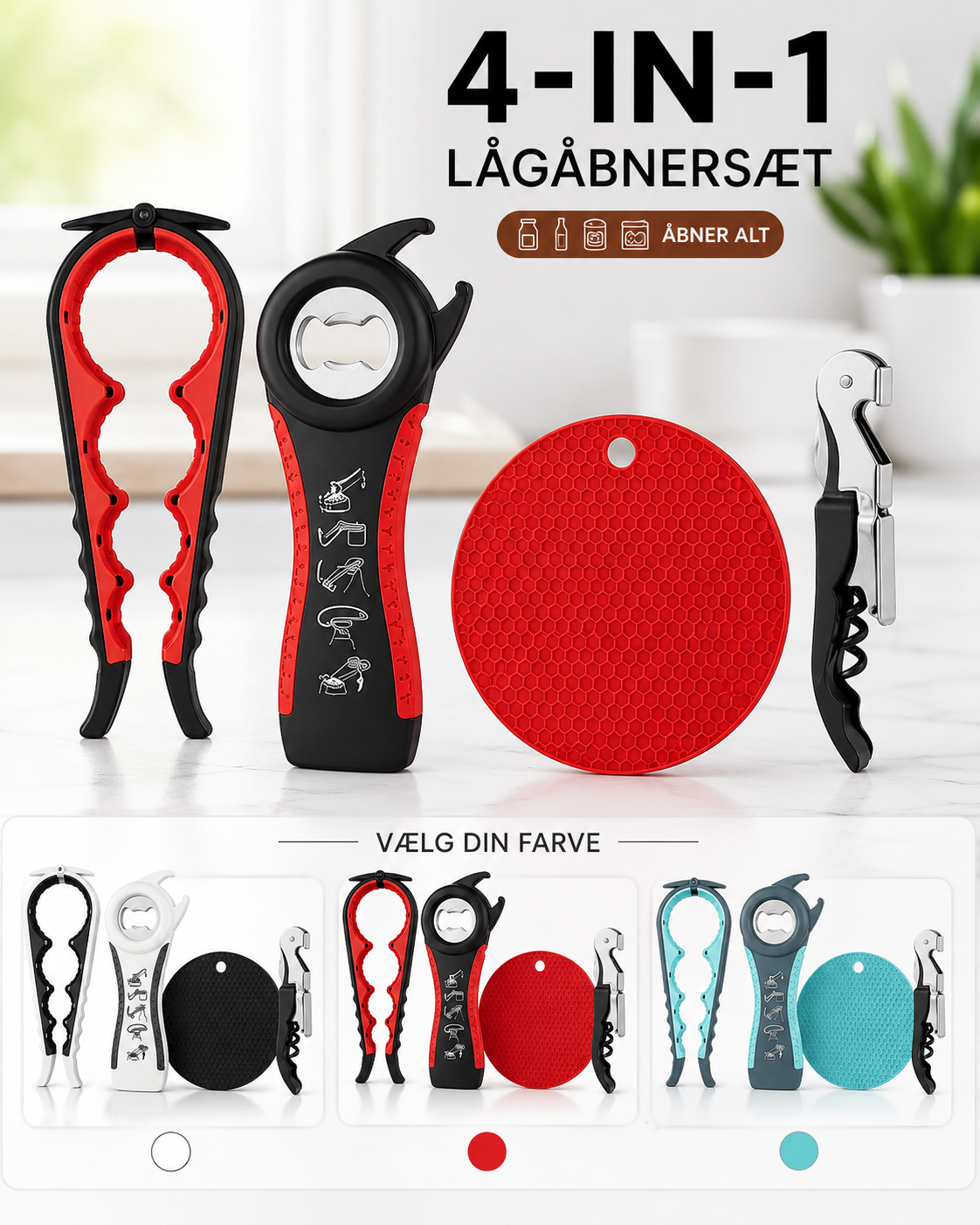 OpenEase™ 4-i-1 Lågåbnersæt – Åbn Glas, Flasker og Dåser Uden Besvær